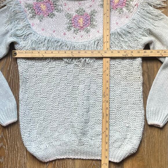 VTG Huntington Ridge Hand Knit CottageCore Fringe Mock Neck Sweater L Floral 80s - Picture 4 of 4